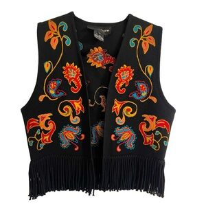 Embroidered Black Vest with Fringe